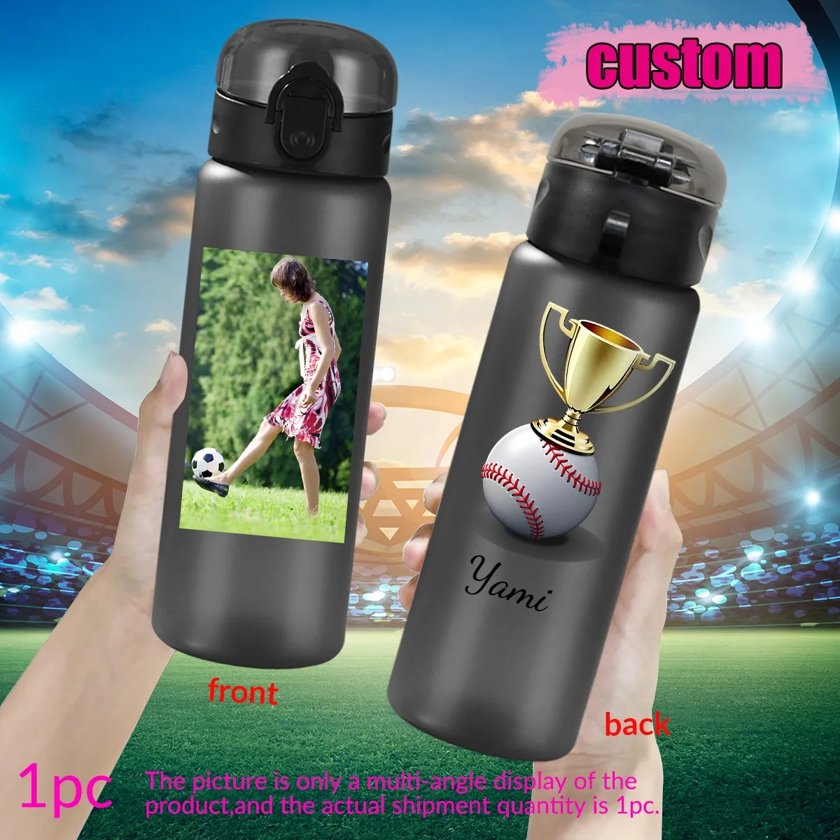 1pc Customized Photo Name 780ml/26oz Outdoor Travel Sports Cup with Lanyard Leakproof Plastic Water Bottle for Watching Matches