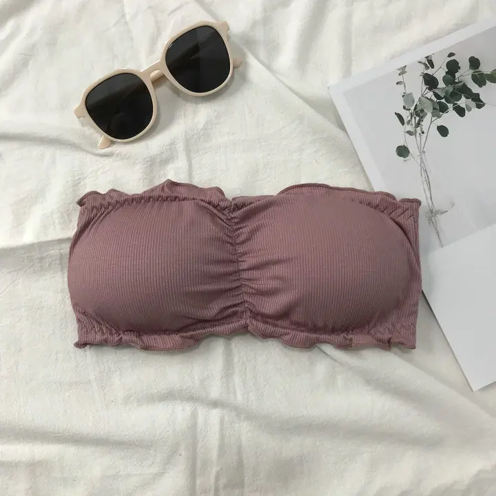 Reggiseno avvolgente con una parola in cotone filettato estivo con cuscinetti per reggiseno Intimo raccolto Reggiseno senza spalline da donna antiscivolo