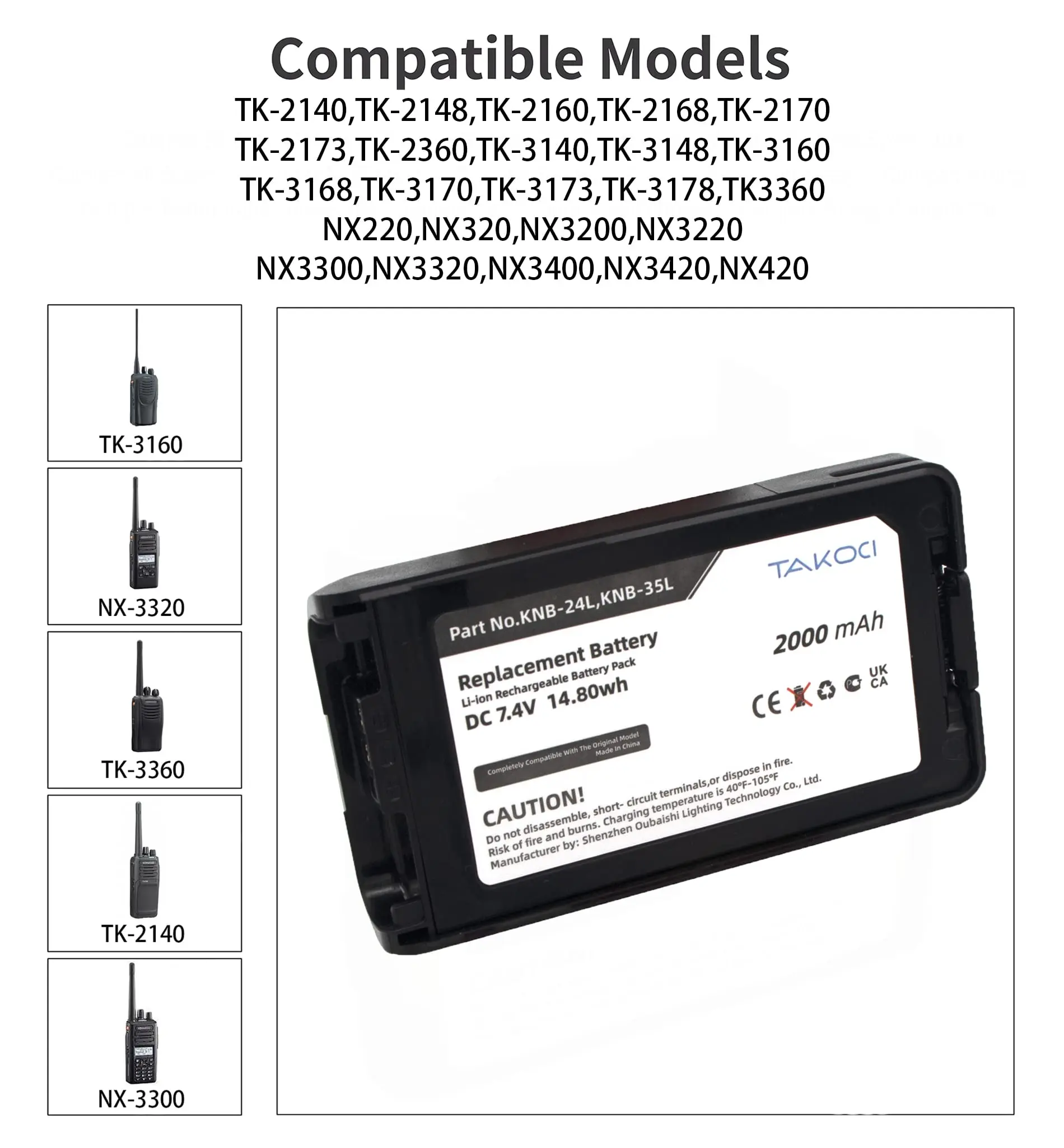 Replacement Battery for KENWOOD TK-2160, TK-2168, TK-2170,KNB-79LC 7.4V/2000mAh