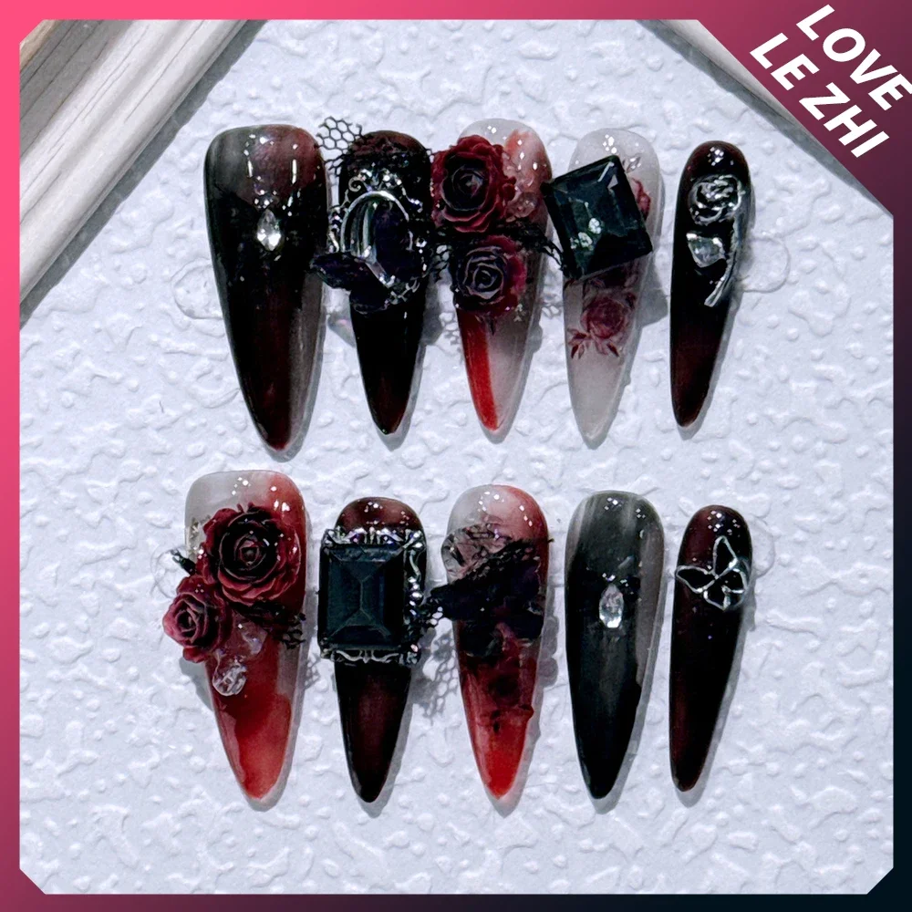 10 stuks gothic handgemaakte pers op nagels kunst lange puntige vorm liefde diamant punk metalen ketting straat cool volledige dekking nep nagels