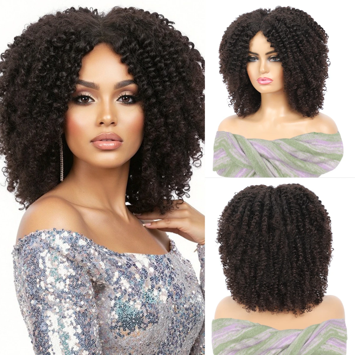 

Women's Short Afro Kinky Curly Wigs Ombre Brown African Synthetic Middle Part Heat Resistant Wig For Daily Party Use