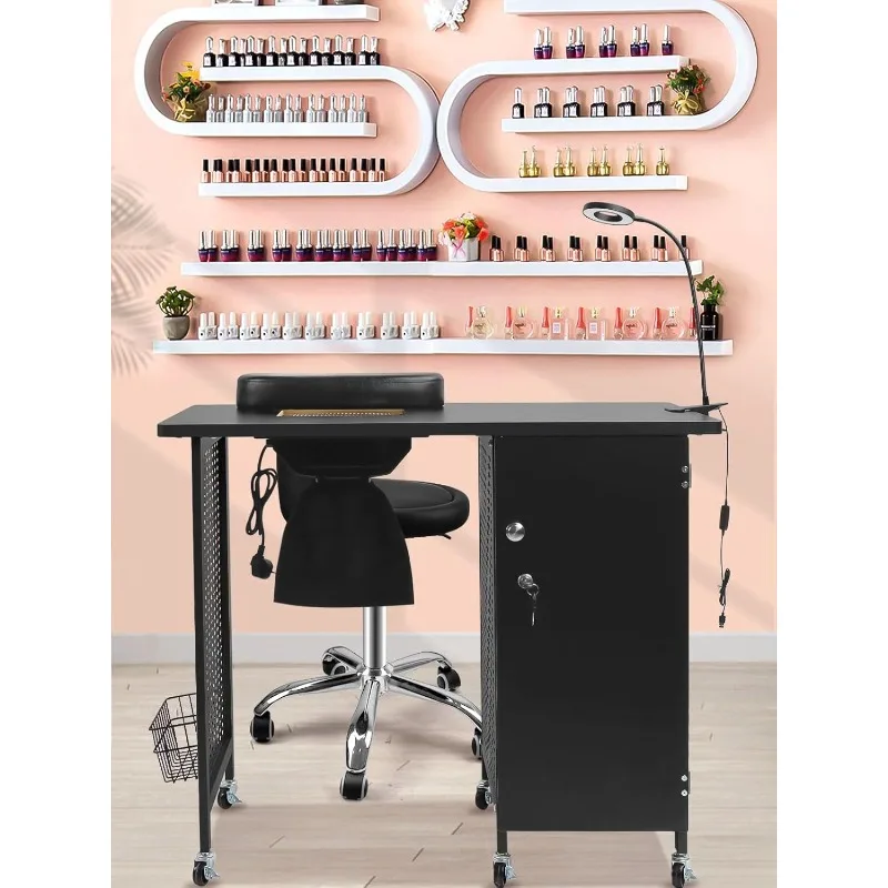 Manicure Nail Table, Mobile Nail Station with Nail Dust Collector, 4 Drawers, LED Lamps, Wrist Rest for Home Technician