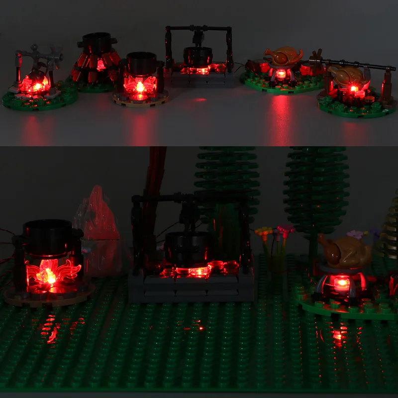 Moc led blocos de construção fogueira chama torrada peru acessórios conjunto pote ferro modelo tijolo diy luz brinquedo presente
