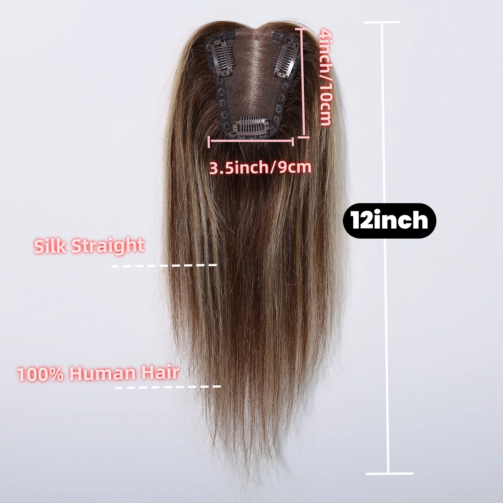 Brown Mixed Blonde Human Hair Toppers Middle Part 100% Remy Human Hair Straight Lace Base Clip in Hairpieces for Women Loss Hair