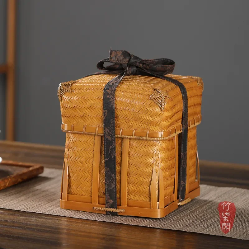 Hand Woven Bamboo Tea Storage Box With Lid Retro Style Natural Organizer Basket For Loose Leaf Tea Set Home Decor Gift