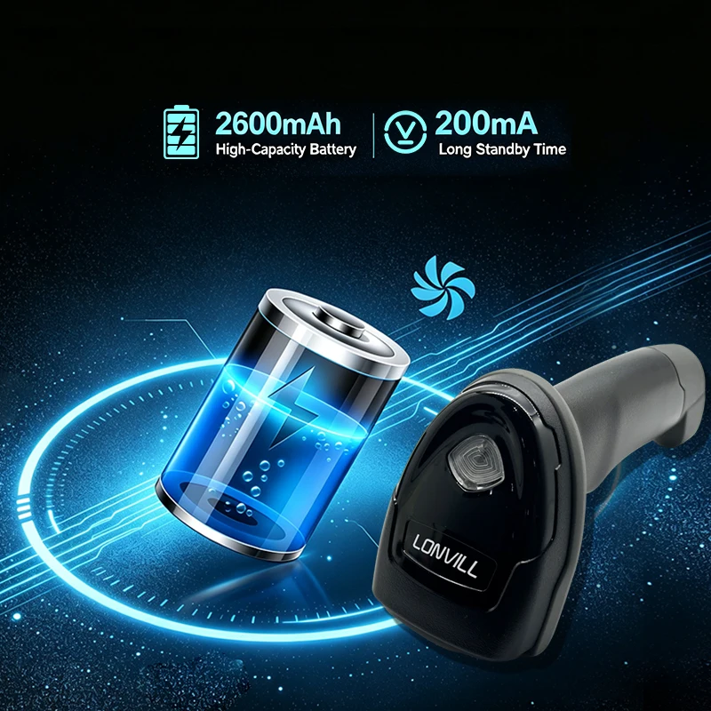 LONVILL Usb 2.4G BT Wireless Barcode Scanner with Smart Sensing Stand and 2600mAh Battery for Stores