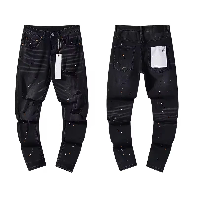 

Purples Jeans Men Fashion High Street Ripped Black Paint Top Quality Repair Low Rise Stretch Skinny Jeans brand pants