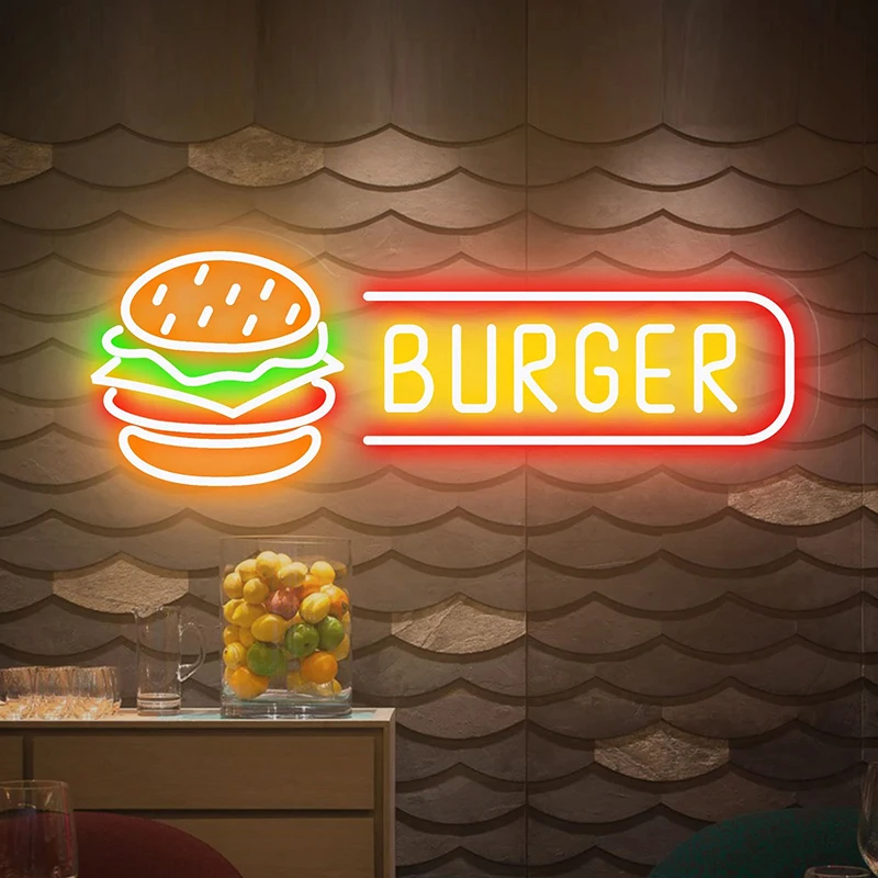 Imagem -02 - Burger Neon Sign Burger Sinais Led Abertos Hamburger Wall Art Burger Shop Signage Cozinha e Restaurante Decoração Presentes Personalizados Neon