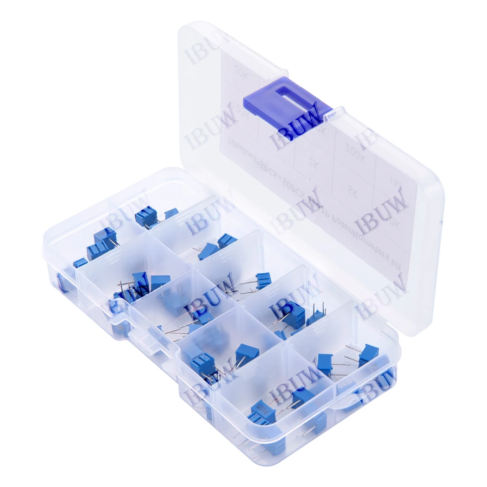 

Набор многооборотных триммерных потенциометров 3362P, 50 шт., 1K, 2K, 5K, 10K, 20K, 50K, 100K, 200K, 1M, высокоточный, регулируемый резистор 3362