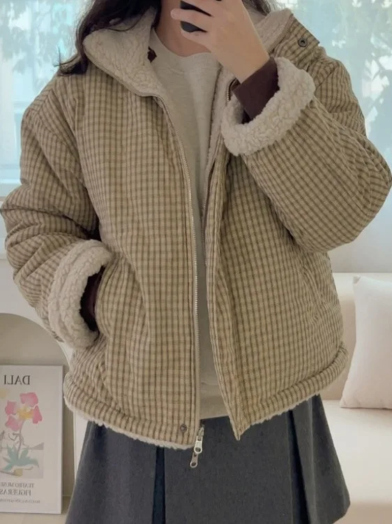 

Winter New Sle ort Lamb Fur Women's Jaet Chic Warm Casual Versatile Slimming Plaid Cotton Coat Thiened Long Sve Zi...