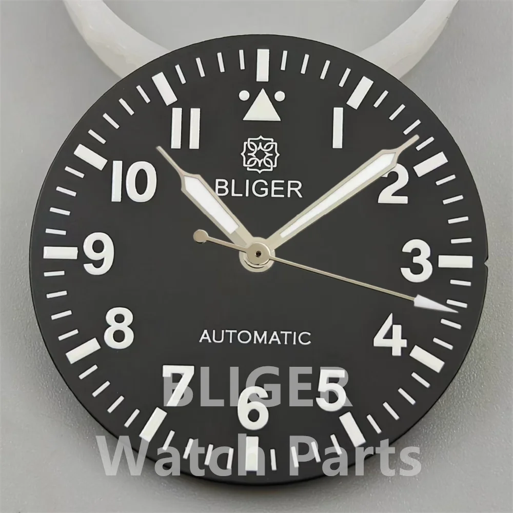 BLIGER 29mm esfera de reloj índice numérico blanco negro verde azul esfera con manecillas luminosas ajuste NH35 NH36 ETA2824 PT5000 movimiento