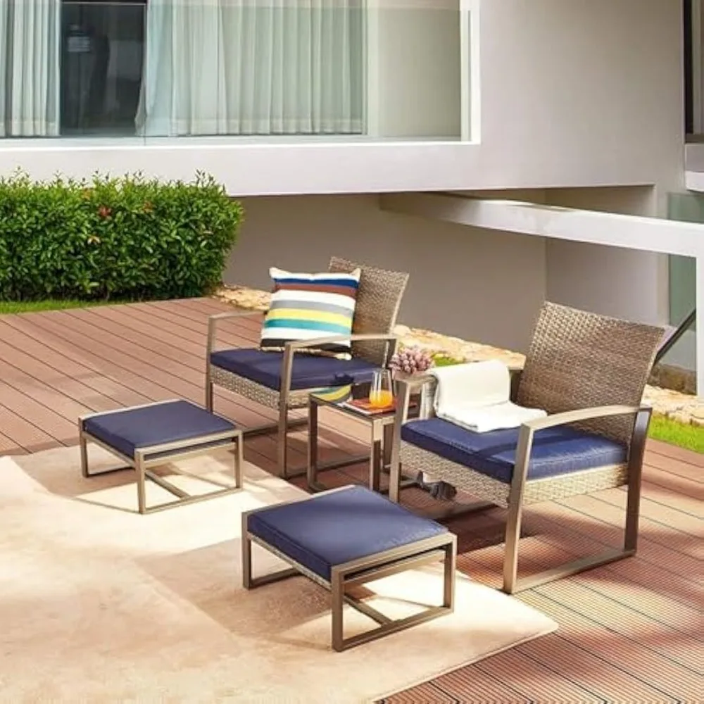 

5-Piece Wicker Outdoor Conversation Set Patio Furniture PE Rattan All Weather Cushioned Chairs Balcony Porch with Ottoman and G