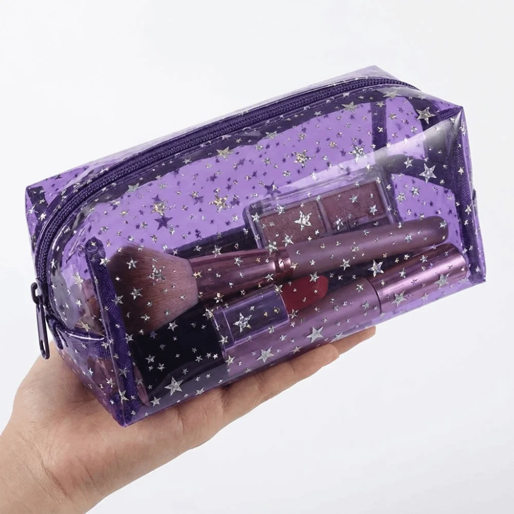 PVC Waterproof Transparent Makeup Bag Stars pattern Glitter Portable Cosmetic Pouch Large capacity with Handle