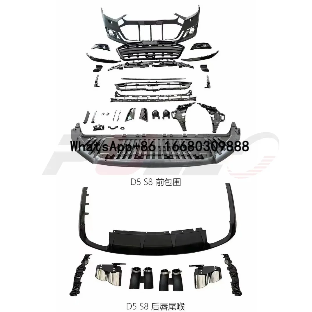 Car Accessories for  A8 D5 2019-2022 Upgrade To S8 Model Include Front Bumper with Grille Rear Diffuser Exhaust Pipes