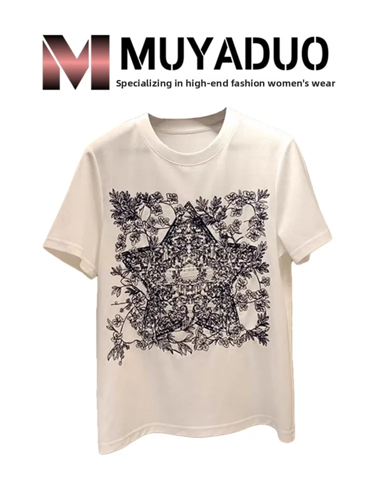 

Летняя легкая роскошная футболка G-Product Heavyweight, водорастворимая, с цветочной пятиконечной звездой и вышивкой, Повседневная Versa...