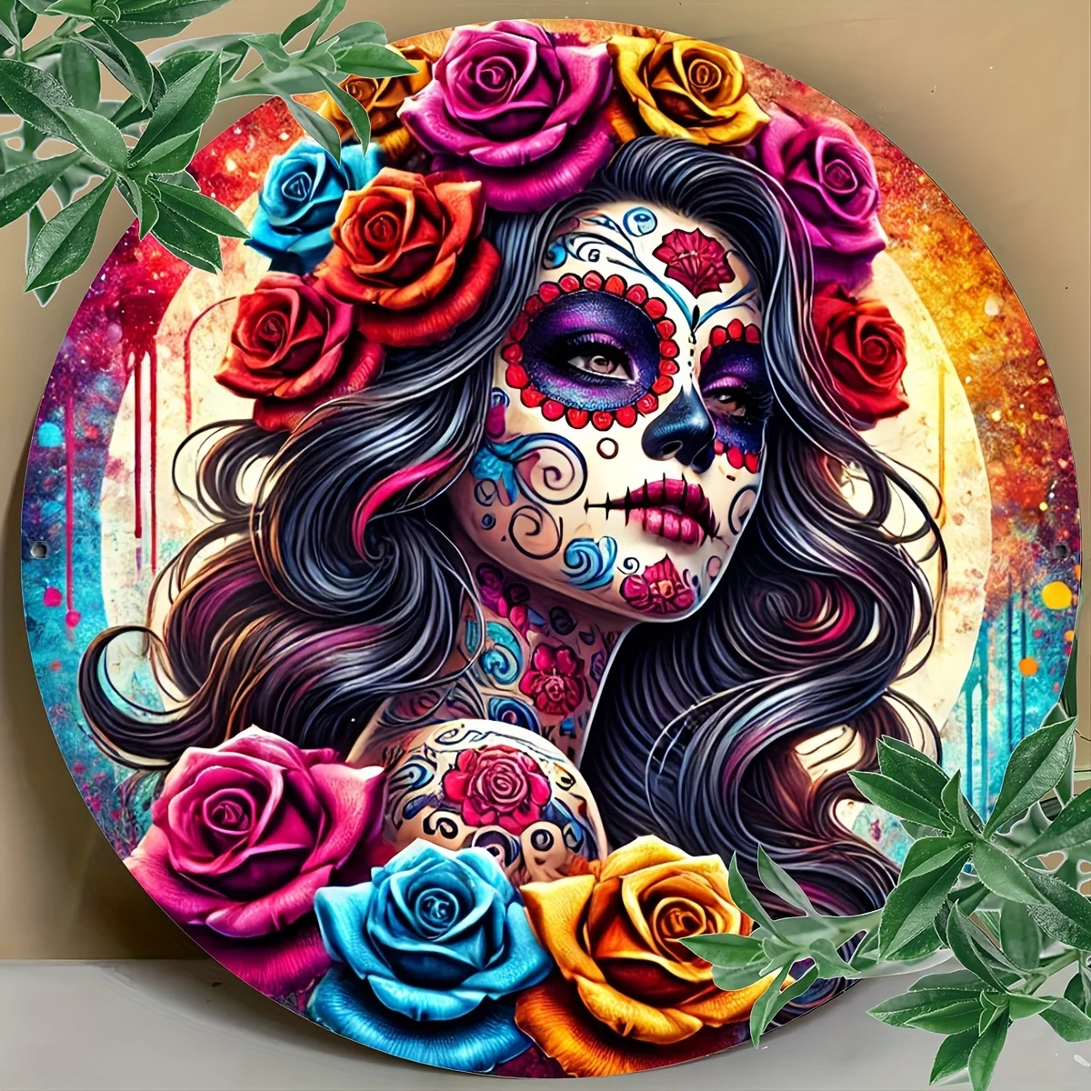 2D-Plan - Ein lebendiges mexikanisches Zuckerschädel-Kunstwerk, ein rundes Holzschild mit bunten Rosen, perfekt für Familien und Bauernhäuser.