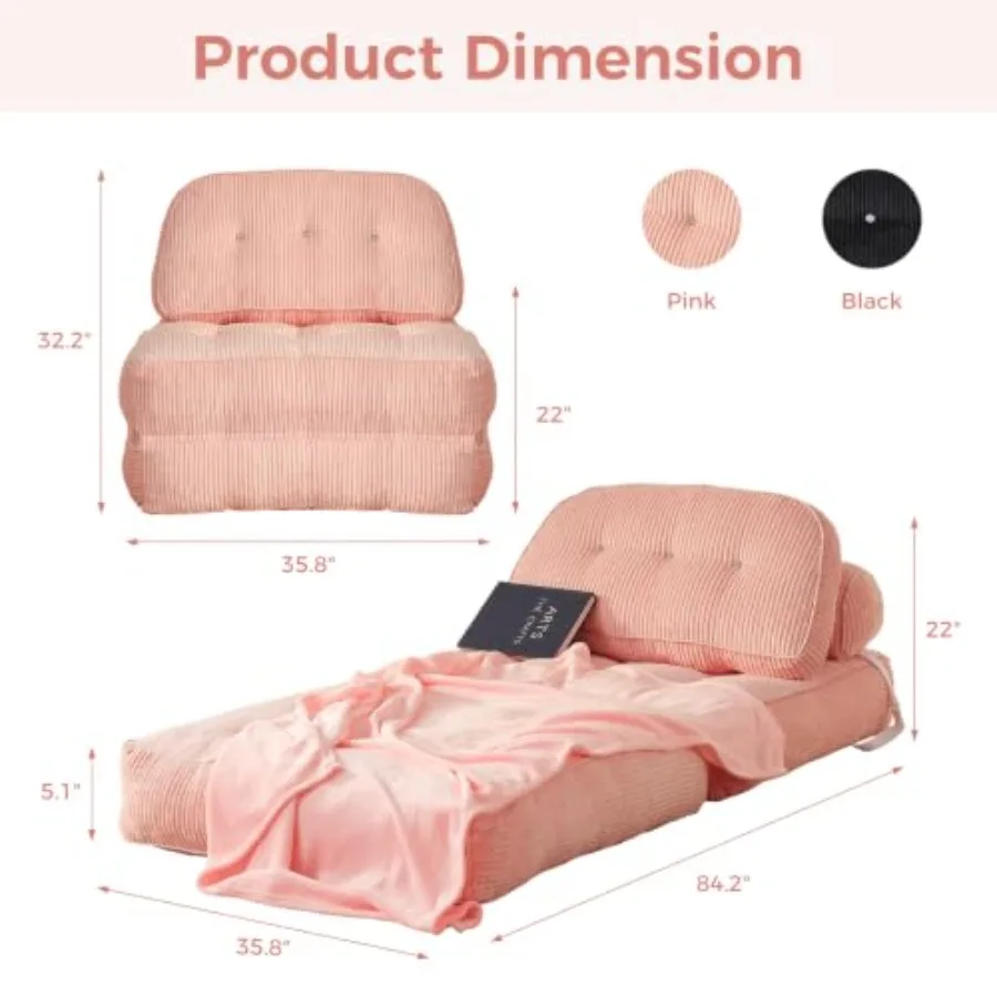 Pink Boneless Chair Bed with Pillow Blanket, Foldable Sofa Bed for Living Room, Bedroom, Dorm Ultra-Soft Memory Foam Support, L