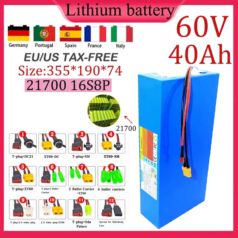 New 60V 40Ah 21700 16S8P Lithium Battery pack built-in 50A BMS for 0-3000W High Power RV Outdoor Portable spare Batteries