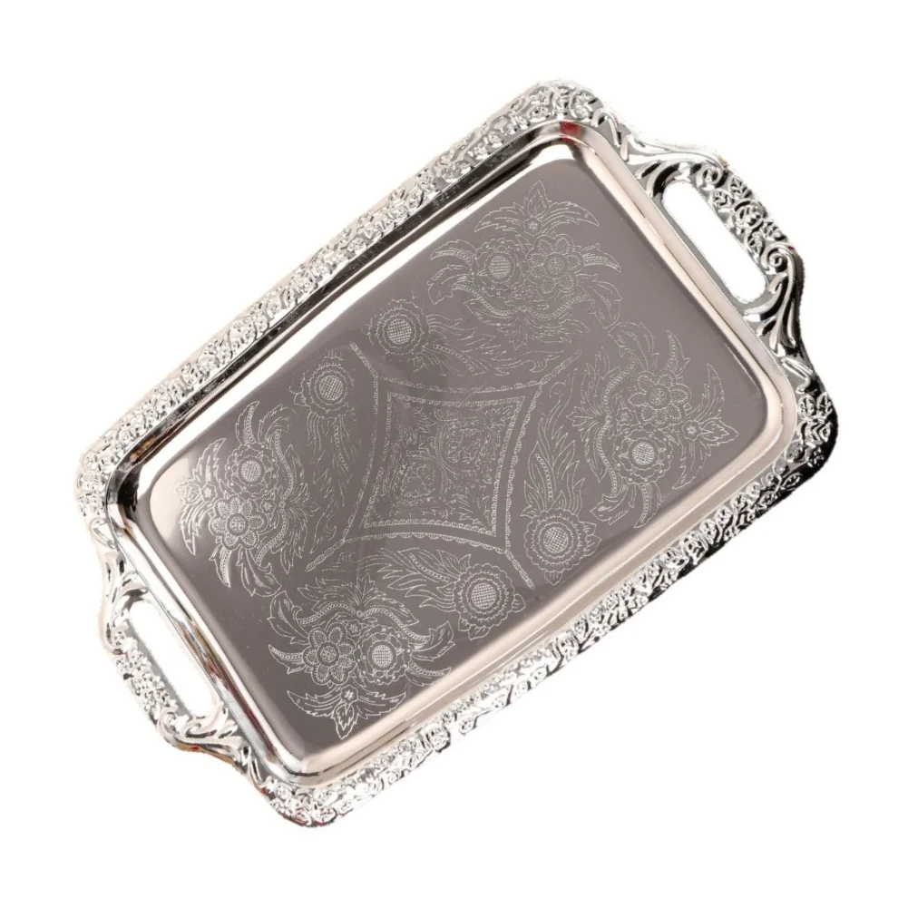 Stainless Steel Serving Tray with Time-Honored Embossed Design and Practical Side Handle Configuration for Home or Event