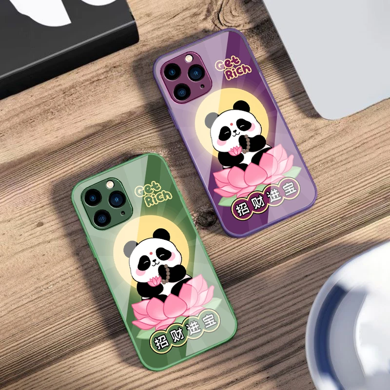 นั่งLotus PandaสําหรับIPhone 16 Pro Max 15 Pro 14 13 12 Mini 11 XS Max XR 7 8 Plu SE 2022 กระจกนิรภัยเคสโทรศัพท์