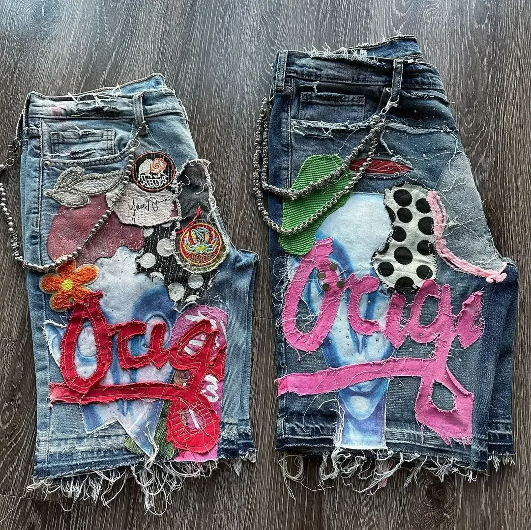 Gothic Punk Skull Letter Patchwork Shorts Heren Y 2K Streetwear Broek Hiphop Fashion Denim Shorts Zomer Nieuwe Hot Sale