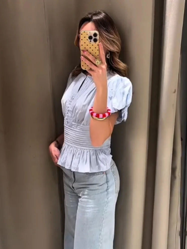 

Женская модная летняя блузка HH 2026: Простая, универсальная, с круглым вырезом, для офиса, приталенная, с коротким рукавом, с пышными рукавами и рюшами