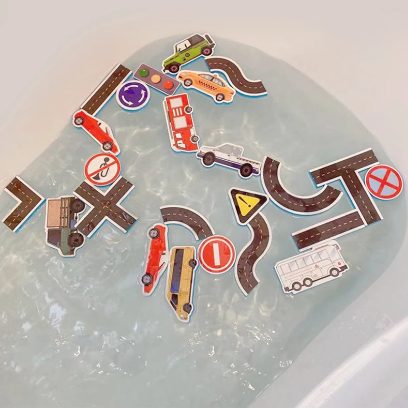

23 Pieces Bath Water Toy Sticky Wall City Traffic Car Road Rail Puzzle Vinyl Bath Features