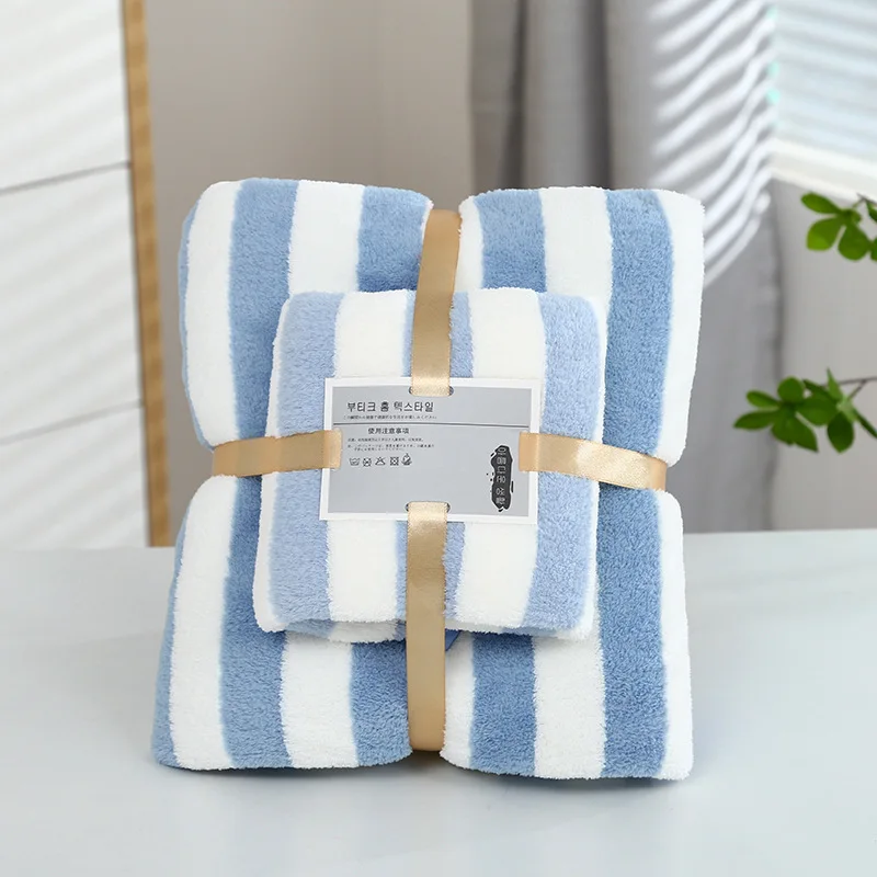 1 Set Striped Towel Bath Towel Household Coral Velvet Baby Bath Towel Soft Thickened Plush Children\'s Absorbent Bath Towel