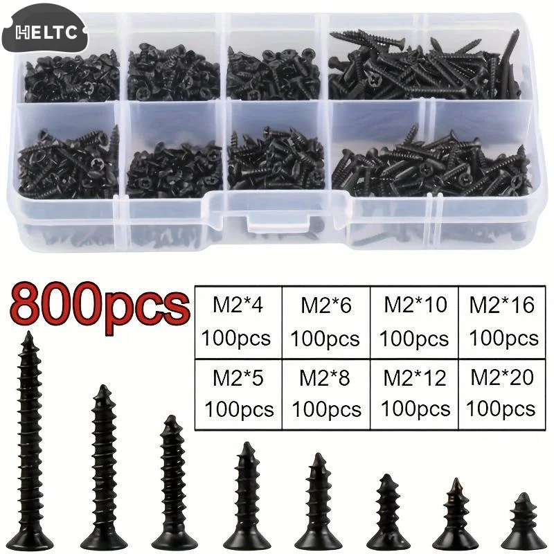 400/800PCS/1 Set Partially Threaded M2 Black Self Tapping Screw Assortment Kit Locking Screws And Wood Screws