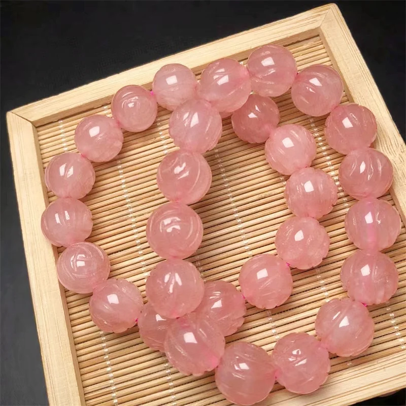 

14MM Natural Rose Quartz Flower Carving Bracelet Fashion Crystal Jewelry Bangle For Women Healing Holiday Gift 1pcs