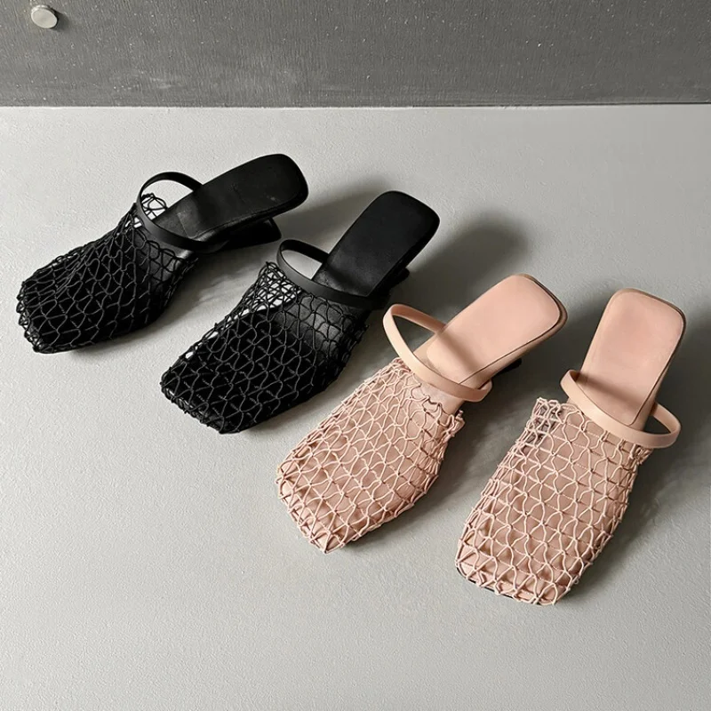 

Fishing Net Hollow Slippers Wedge Heel Square Toe Leisure High Heels Fashion Sexy Low Heel Slip-on Women Shoes
