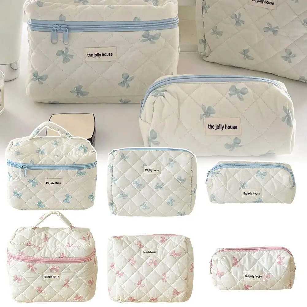 Pink Bowknot Quilting Women Cosmetic Bag Portable Zipper Makeup Bag Travel Organizer Female Handbag Toiletry Bag For Girls I7y8