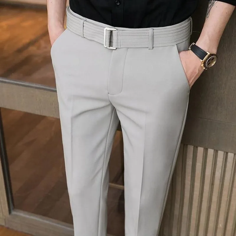 Pantalones de traje delgados rectos finos para hombres, ropa de calle de verano, moda informal de negocios, pantalones versátiles de seda de hielo