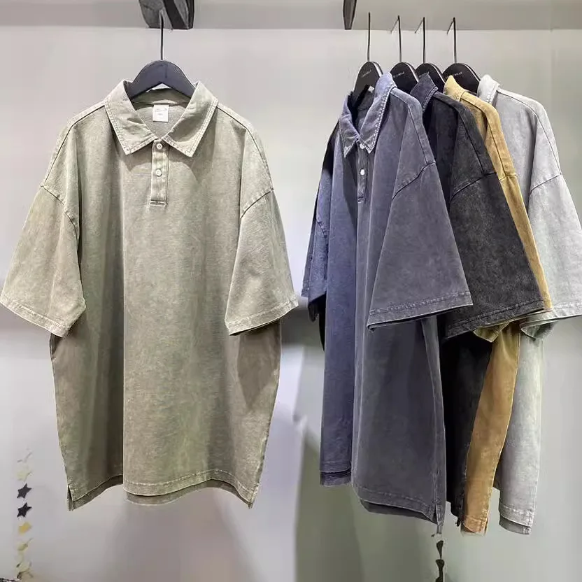 275g Lapel Polo shirt Oversized Acid Washed Tee Retro Punk T-shirt For Men's Women's 100% Cotton Harajuku Casual Streetwear Top
