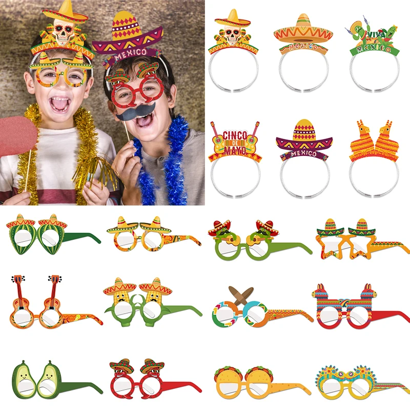 6pcs Mexico Festivals Party Photo props guitar hat shaped paper glasses Hair bands Mexican Party Decorations for Kids Gift