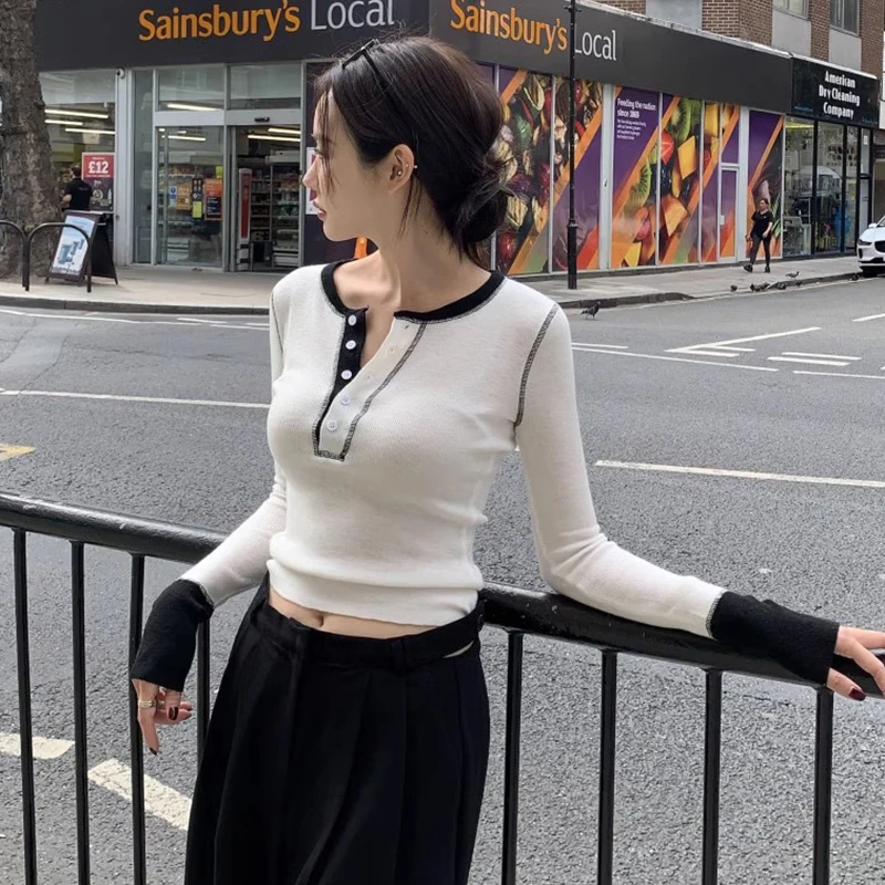 

Slim Fit Long Sve Knitwear round Ne Single Button Color Blo Women's Faionable Autumn Design Casual Comfortable Top