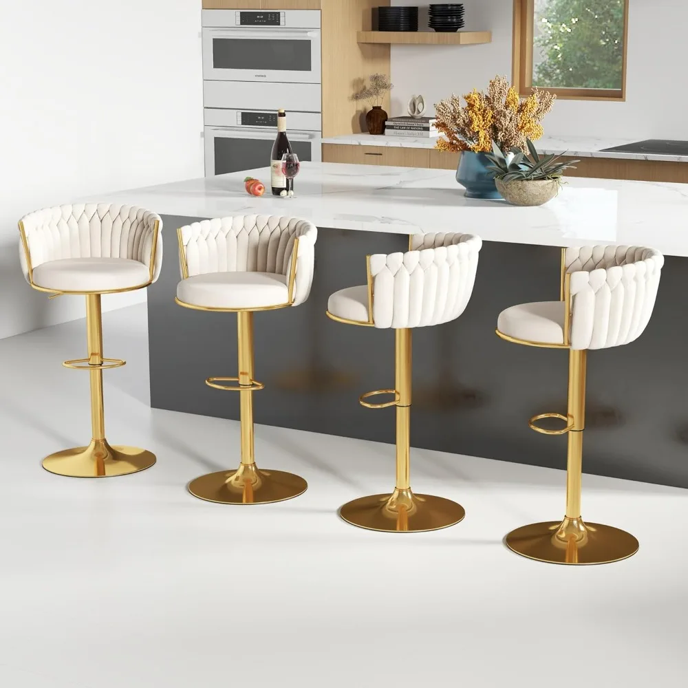 Gold Bar Stool Set of 4, Velvet Swivel Barstools, Height Adjustable Counter Stools with Woven Backrest, Upholstered Modern