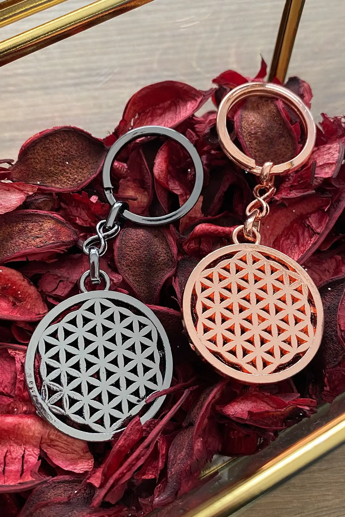 Flower of Life Goldrose And Silver Keychain Set Fashion Jewelry Keychains Accessories For Home Car Keys Gift Items