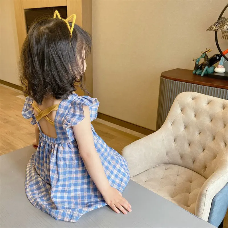 Girls Dress Plaid Backless Dress Short Sleeved Fashionable Princess Dress 26 Summer New Childrens Clothing