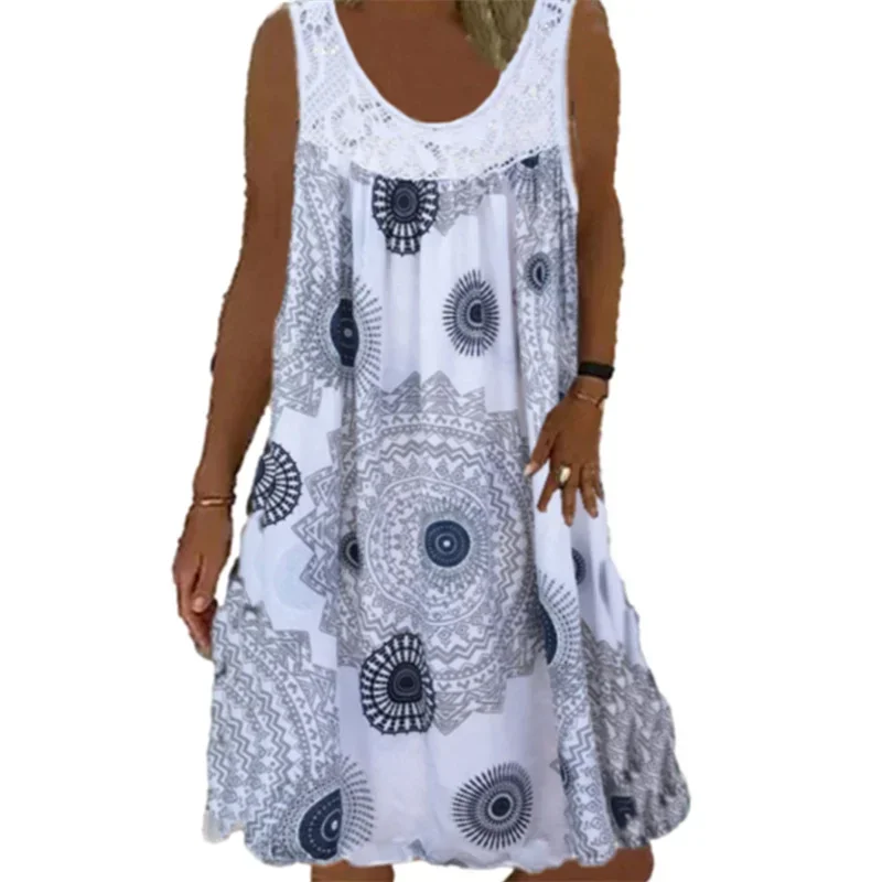 Elegante Spitze Spleißen o Hals Kleider Frauen Sommer bequeme lässige ärmellose Kleid Vintage-Druck weibliche lose Midi-Kleid 2024