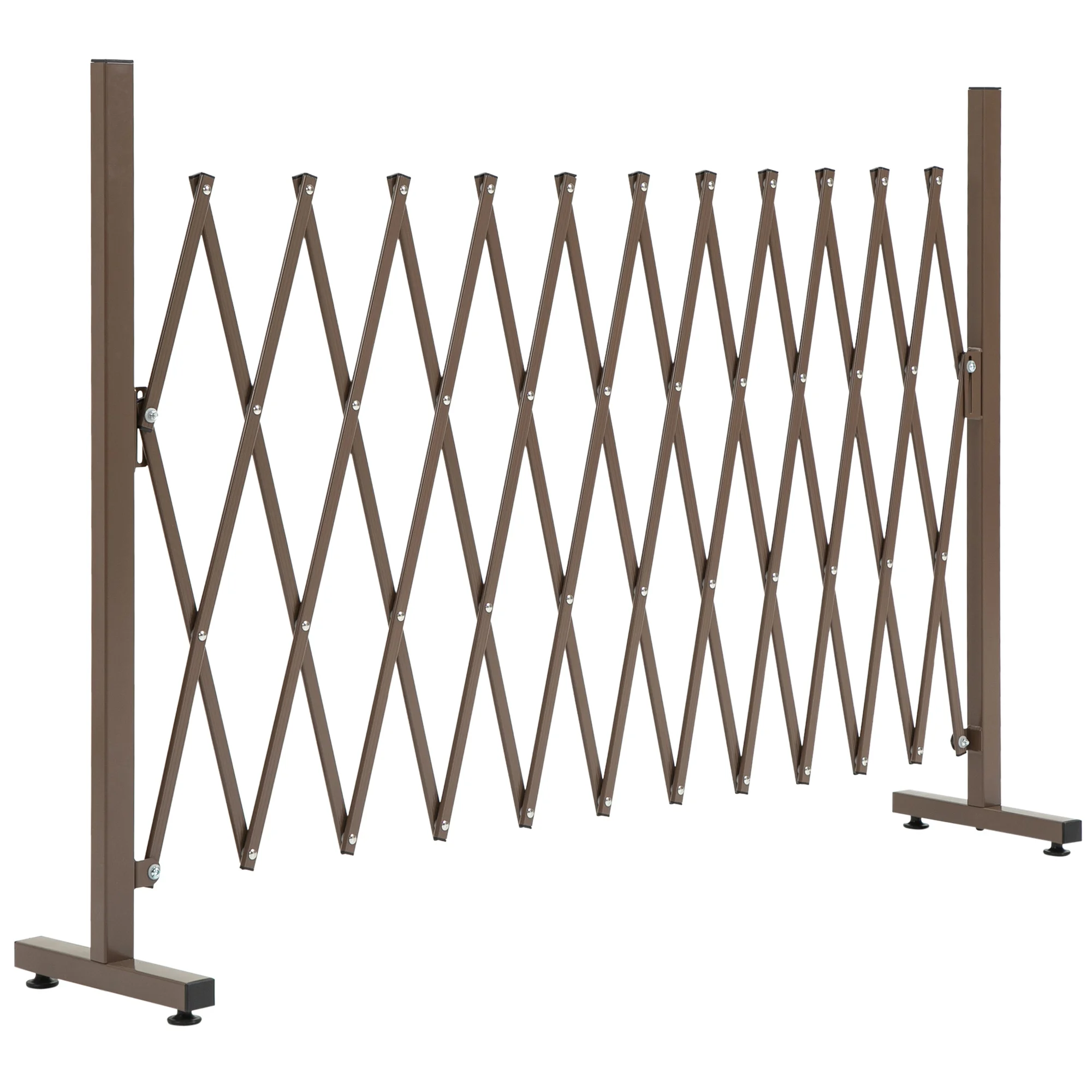 Barrière extensible à ciseaux 35-300 cm, en aluminium et fer, marron, hauteur 103,5 cm, barrière de sécurité polyvalente pour jardin, patio, balcon, treillis pour plantes, stable avec 4 pieds en plastique