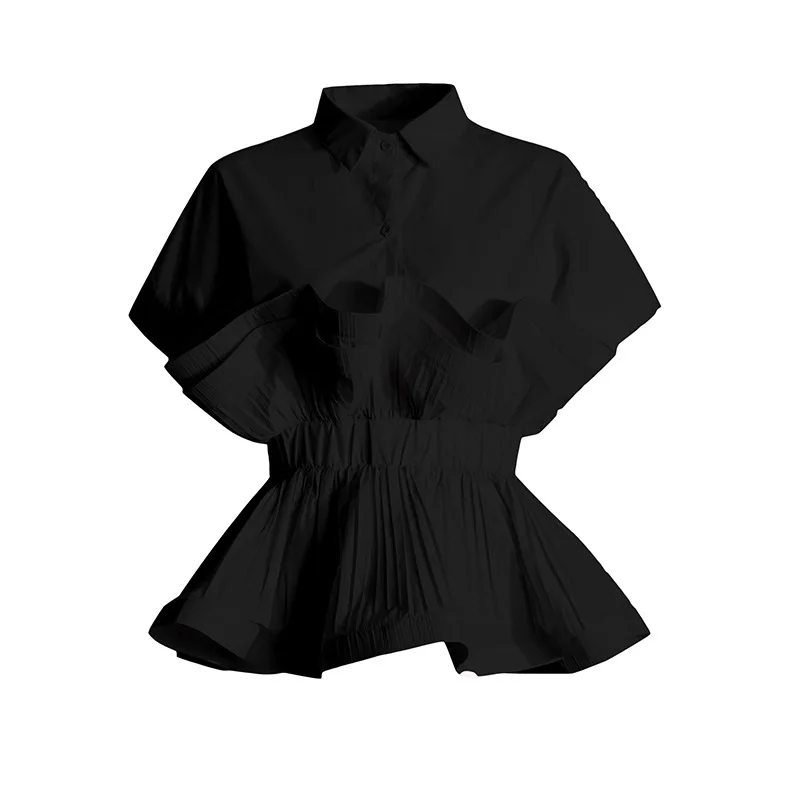 Ruffle Edge Women Shirt 1 Piece Lapel Collar Formal Office Lady Jacket Short Sleeves Cotton Spring Party Coat Prom Outfit