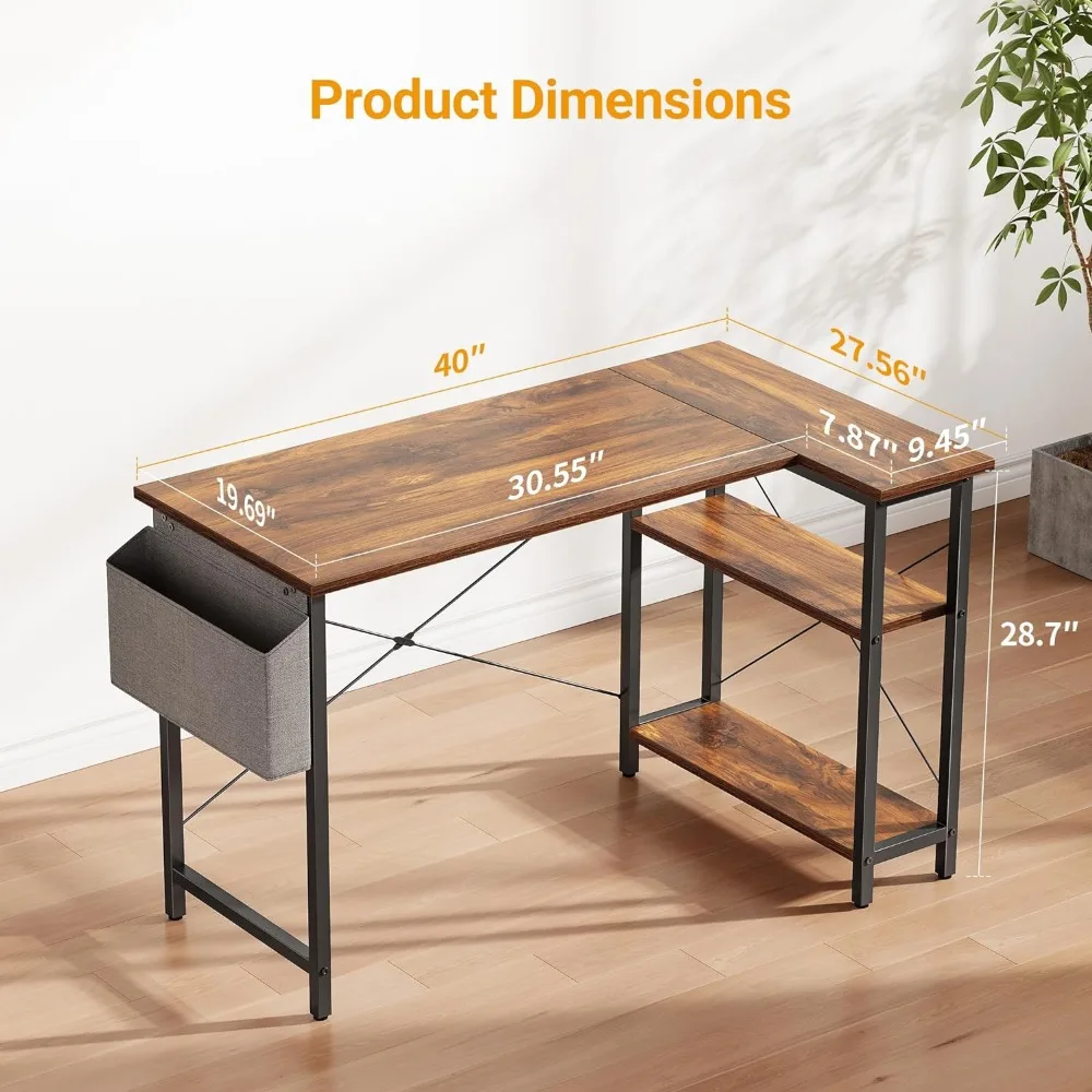 40 Inch Klein L-Vormig Computerbureau Met Opbergplanken Home Office Hoek Bureau Studie Schrijftafel, Diepbruin