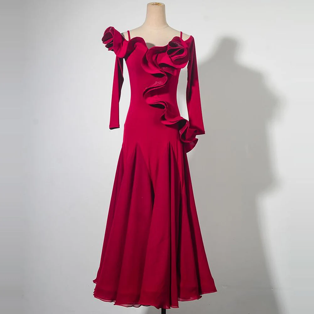 Sukienka na zawody tańca standardowego Walc Czarna Długi Rękaw Taniec Towarzyski Falbanki Nowa bordowa Sukienka do Ćwiczeń