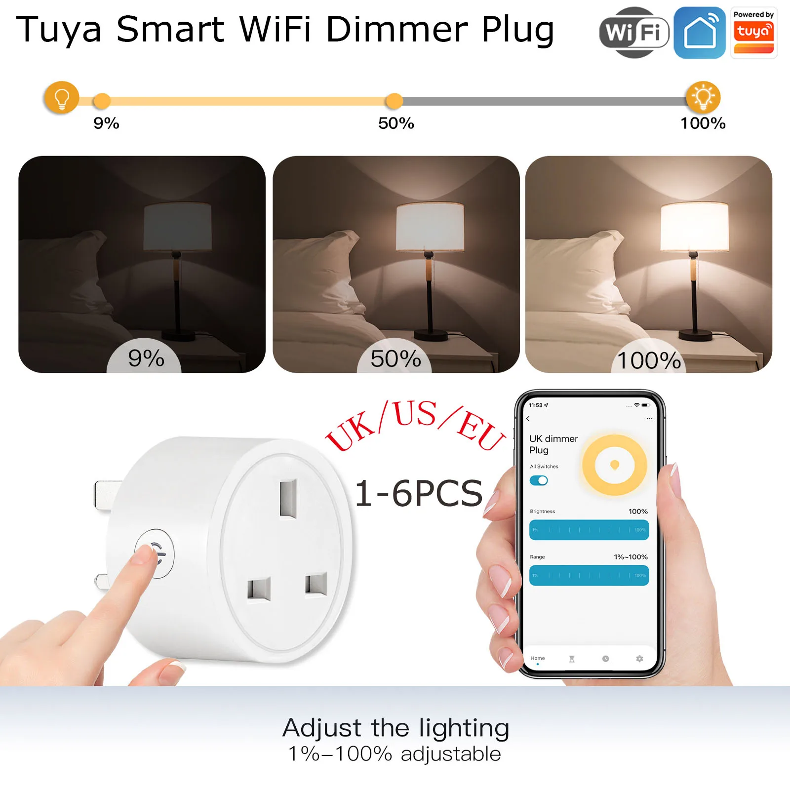 

1-6Pcs Tuya Smart WIFI Dimmer Plug EU/US/UK Wireless Power APP Timing Switch Electrical Outlet Voice Control Alexa Google Home