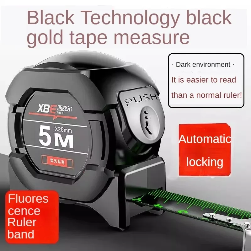 Fita métrica fluorescente de travamento automático, Aço, Espessado, Resistente ao desgaste, Resistente a quedas, 5m 7,5 m 10m