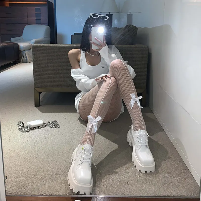 Women Sexy Mesh Fishnet Tights ultrathin Stockings Bows Transparent Gothic Party Club White Black Women Netting Socks Lingeries