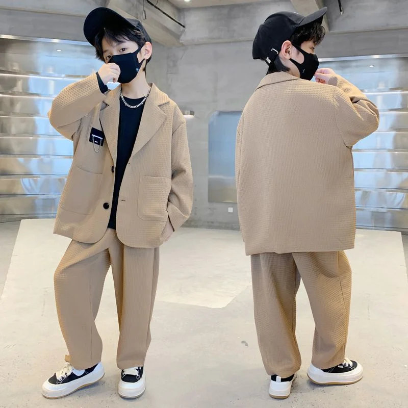 

2025 Khaki Spring Autumn Cotton Sport Suits Teenagers School Party Children Clothing Boys Coat +Pants Kids Suits 2PCS/Set Cotton