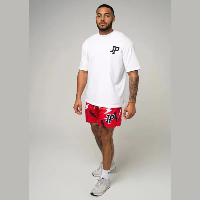 Marca de moda esportiva americana IP masculina, shorts com estampa relâmpago, fitness na moda, solto, secagem rápida, verão