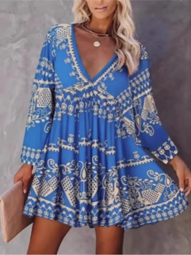 Boho Print Loose Dress Lady Fashion Long Sleeve Deep V Neck Pullover Mini Dresses For Women Casual Holiday Beach Womens Clothing